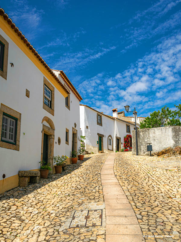 Alentejo cobbled street with typical houses with yellow details, in a sunny day with a blue sky.