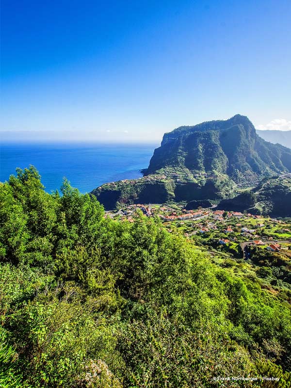 View of Madeira island from afar in a sunny day.