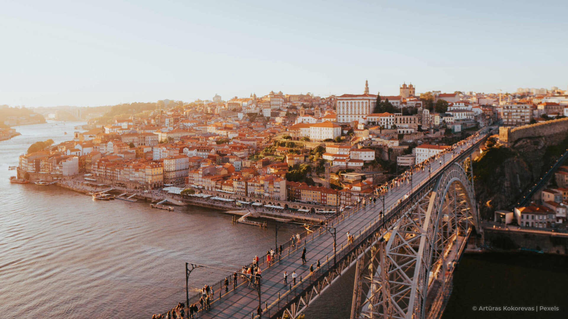 Porto view with the Dom Luis bridge at sunset.