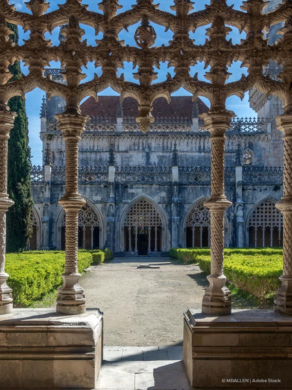 View of the Batalha monastery from inside its arcades, on Portugal.